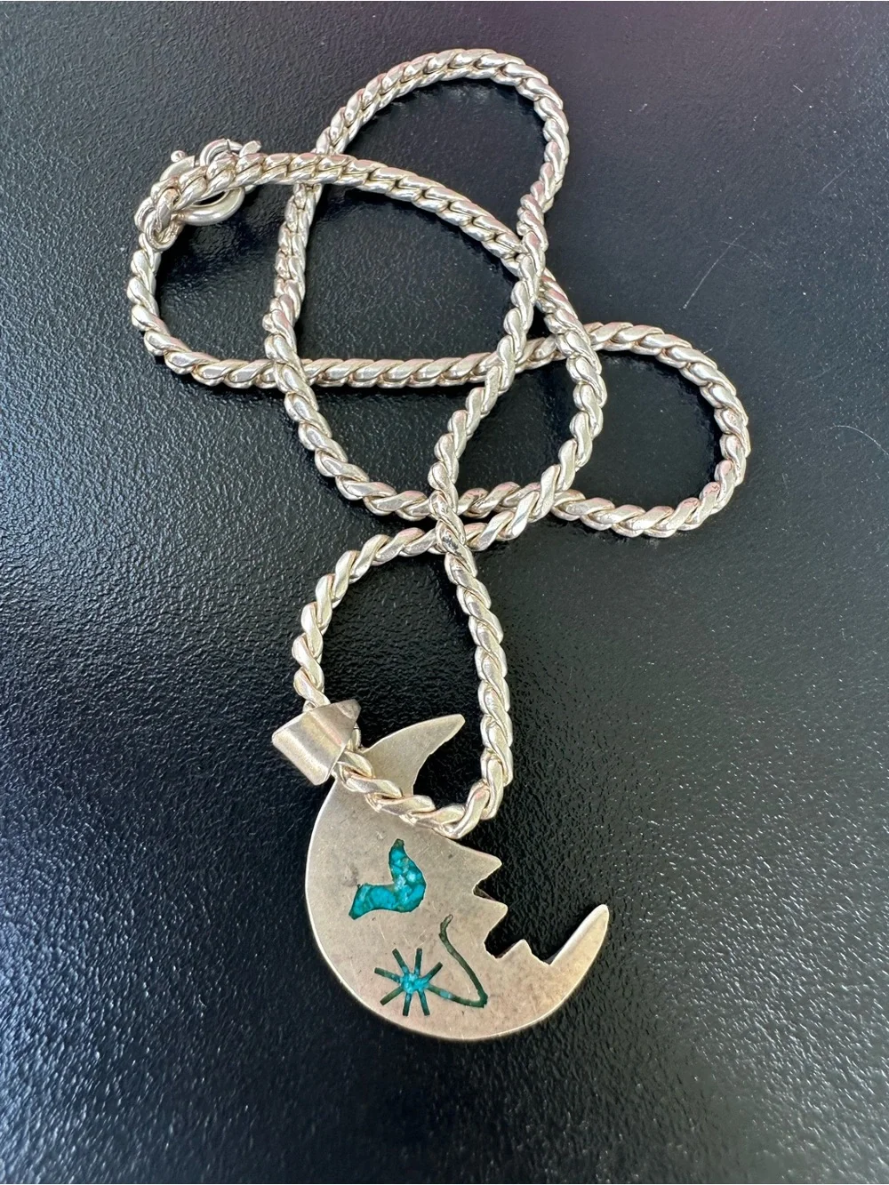 VINTAGE AAB 925 STERLING TURQUOISE MAN IN THE MOON PENDANT 8 inch NECKLACE